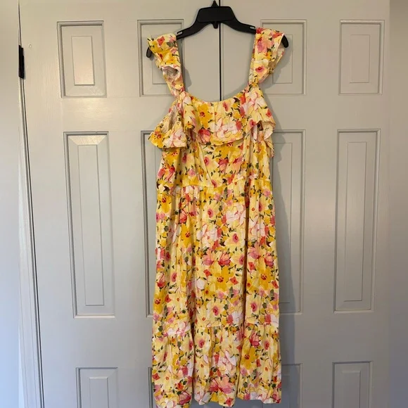 Lauren Conrad XXL Floral Yellow Ruffle Tank Midi Linen Blend Dress Easter Spring - Picture 3 of 7